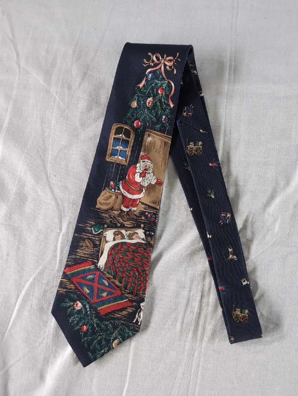Navy Christmas Santa Scene Men's Italian Silk Tie